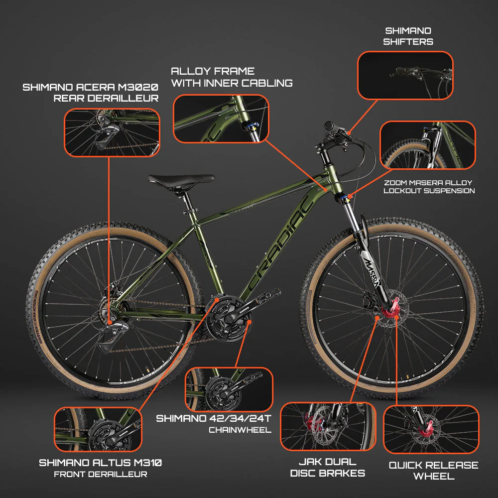 CRADIAC Alpha PRO GEN 2-21 Speed 6061 Alloy Cycle 27.5 T 21 Speed Gear Bicycle For Men With Front Zoom Lockout Suspension & Dual Disc Brake Mountain Bike | 15+ Years, Unisex, 18 Inch, Militorygreen - Image 8