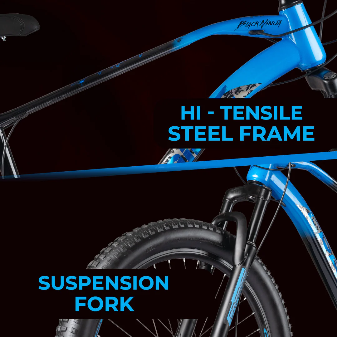 CRADIAC - Black Ninja Fat | 21 Speed Geared MTB Cycle| 26" Inch Mountain Bike | 26 * 300 Fat Tires | DISC Brakes | Suspension Fork | Hitensile Steel Frame | for 15+ Years Men/Boys/Girls, Front - Image 4