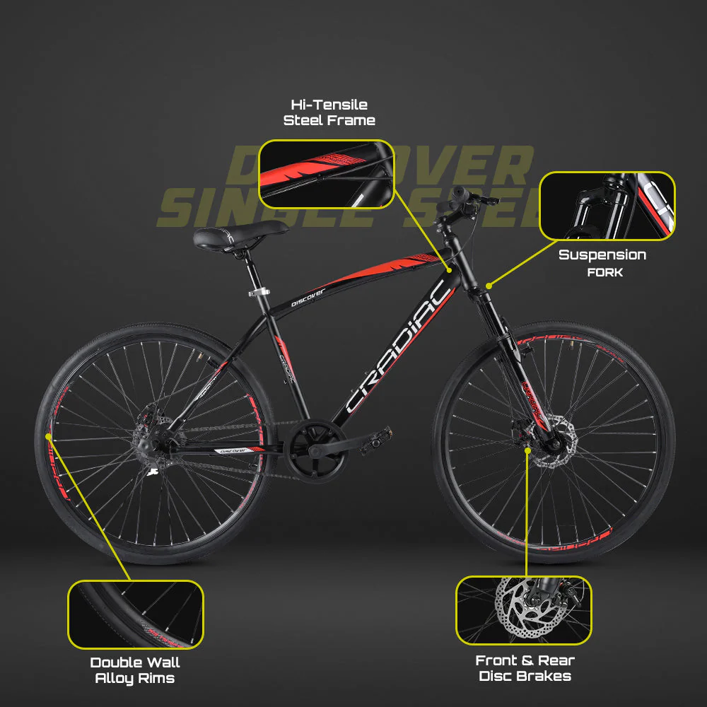 Cradiac Discover PRO Single Speed Steel High Performance Hybrid Cycles for Men with Front Suspension & Disc Brakes | Ideal for 15+ Years, Unisex, Frame Size : 18.5 Inch | 700 * 35C Tires - Image 6