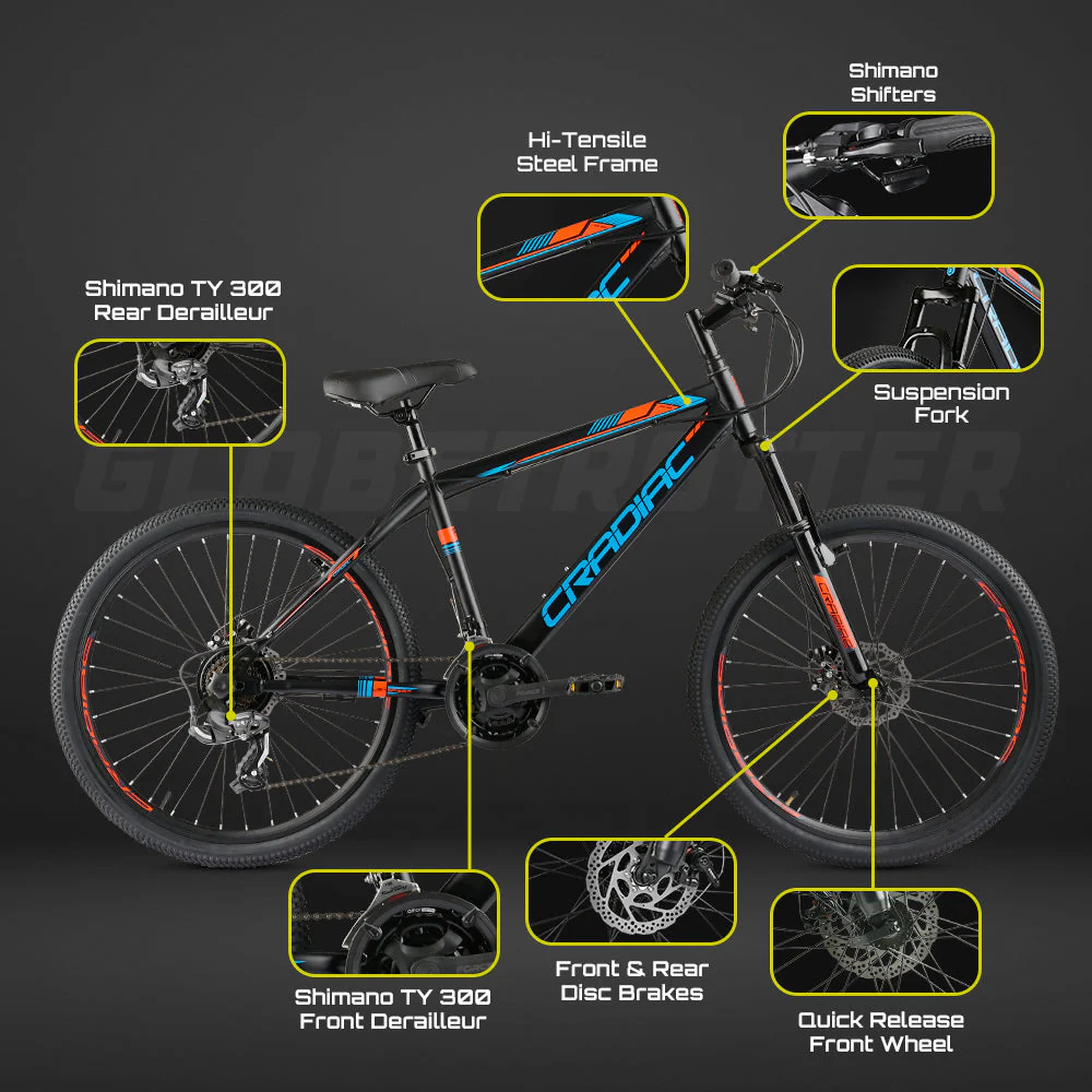 CRADIAC Globetrotter 21 Speed MTB, 26 Inch Steel Geared High Performance Mountain Cycle for Men with Front Suspension & Dual disc Brakes | Ideal for 12+ Years, Unisex, Frame Size - 18.5 Inch - Image 8