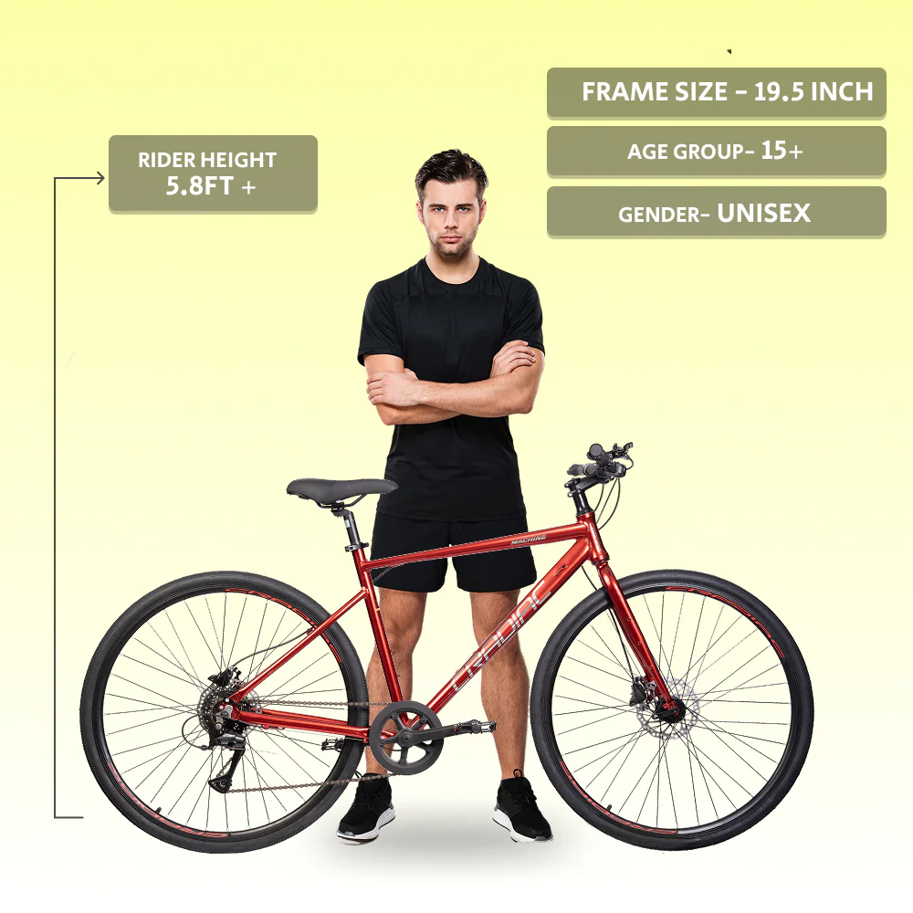 CRADIAC Machine X 8 Speed 6061 Alloy Hybrid Cycle 8 Geared Bicycle for Men with Rigid Fork & Dual Disc Brake Hybrid Bike | Ideal for 15+ Years, Unisex, Frame Size : 19.5 Inch, Metalic Red - Image 5