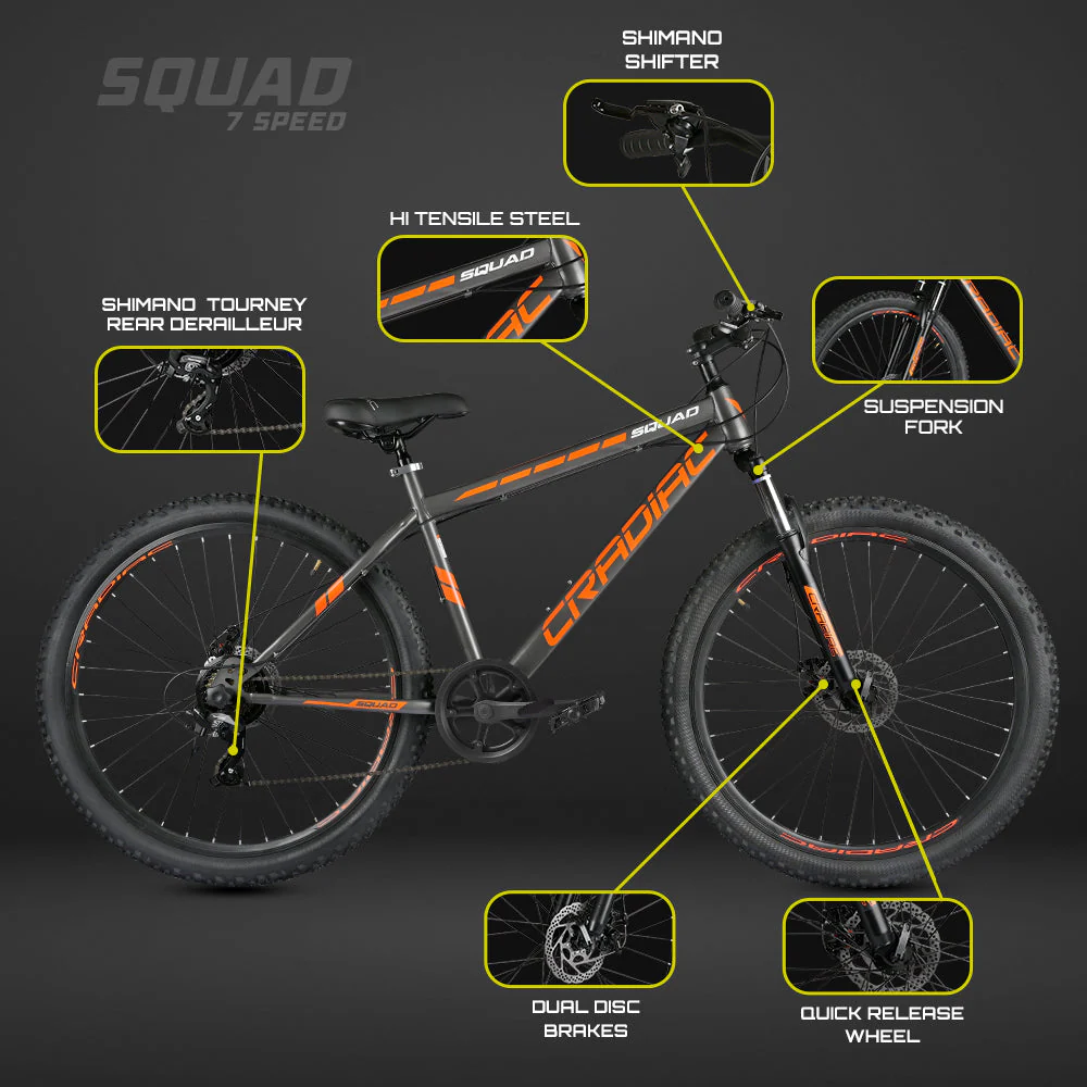 CRADIAC Squad 7 Speed High Performance Steel Mountain Cycles for Men with Front Suspension & Dual Disc Brake 7 Geared MTB Bike 29 T | Ideal for 15+ Years, Unisex, Frame Size : 18.5 inch - Image 7