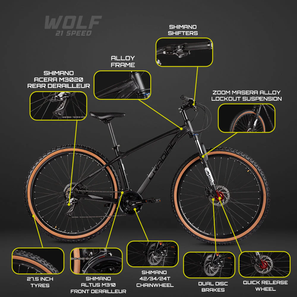 CRADIAC - Wolf 21 Gear MTB Cycle | 29" Inch Mountain Bicycle | Zoom Lockout Suspension | 6061 Light Weight Alloy Frame | Dual Disc Brakes | Ideal for 14+ Years Men/Boys | Carbon Black - Image 10