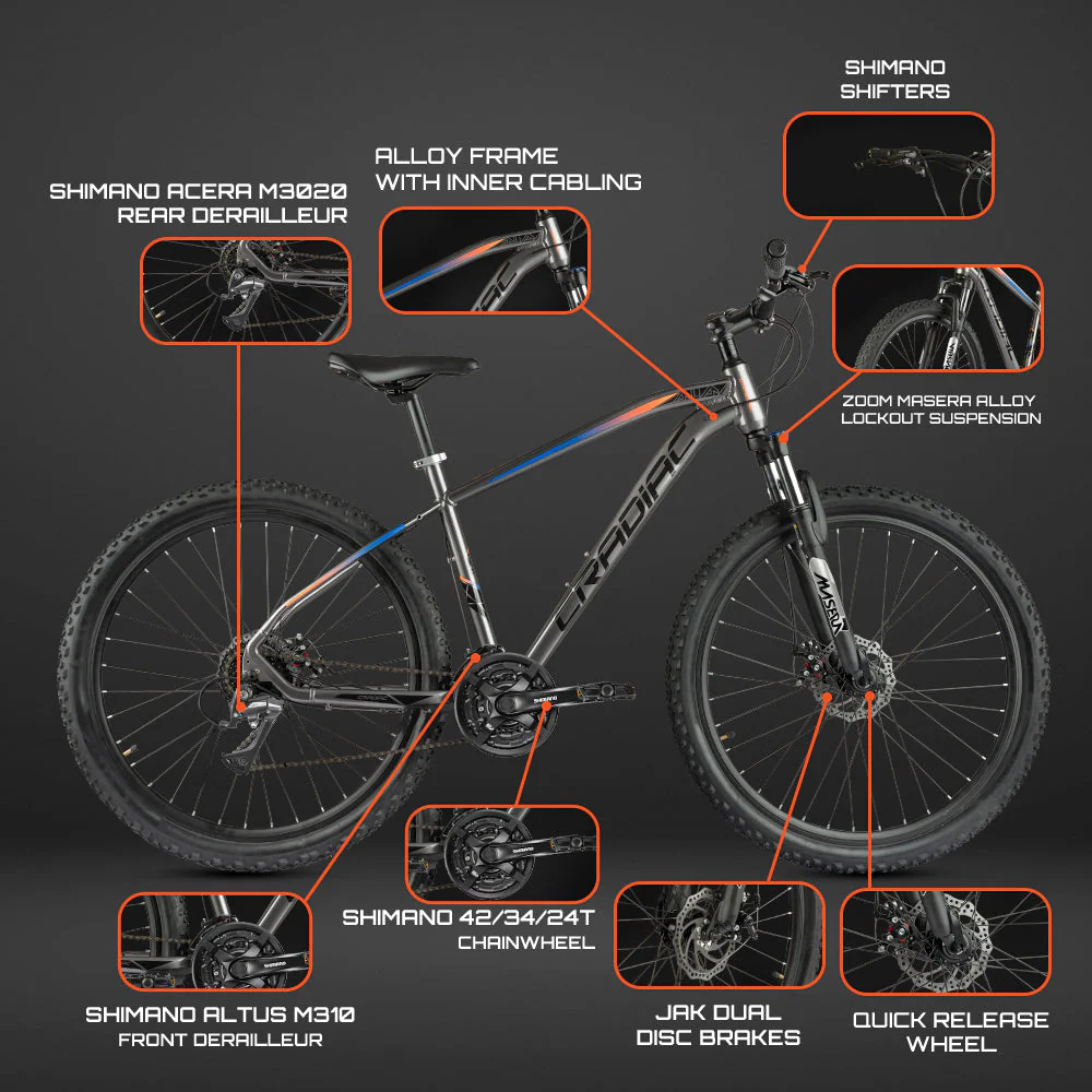 Cradiac XC 900 GEN 3-24 Speed 6061 Alloy Cycle 27.5 T 24 Geared Bicycle for Men with Zoom Lockout Suspension & Dual Disc Brake Mountain Bike | for 14+ Years, Unisex, Frame Size : 18 Inch, Grey - Image 9